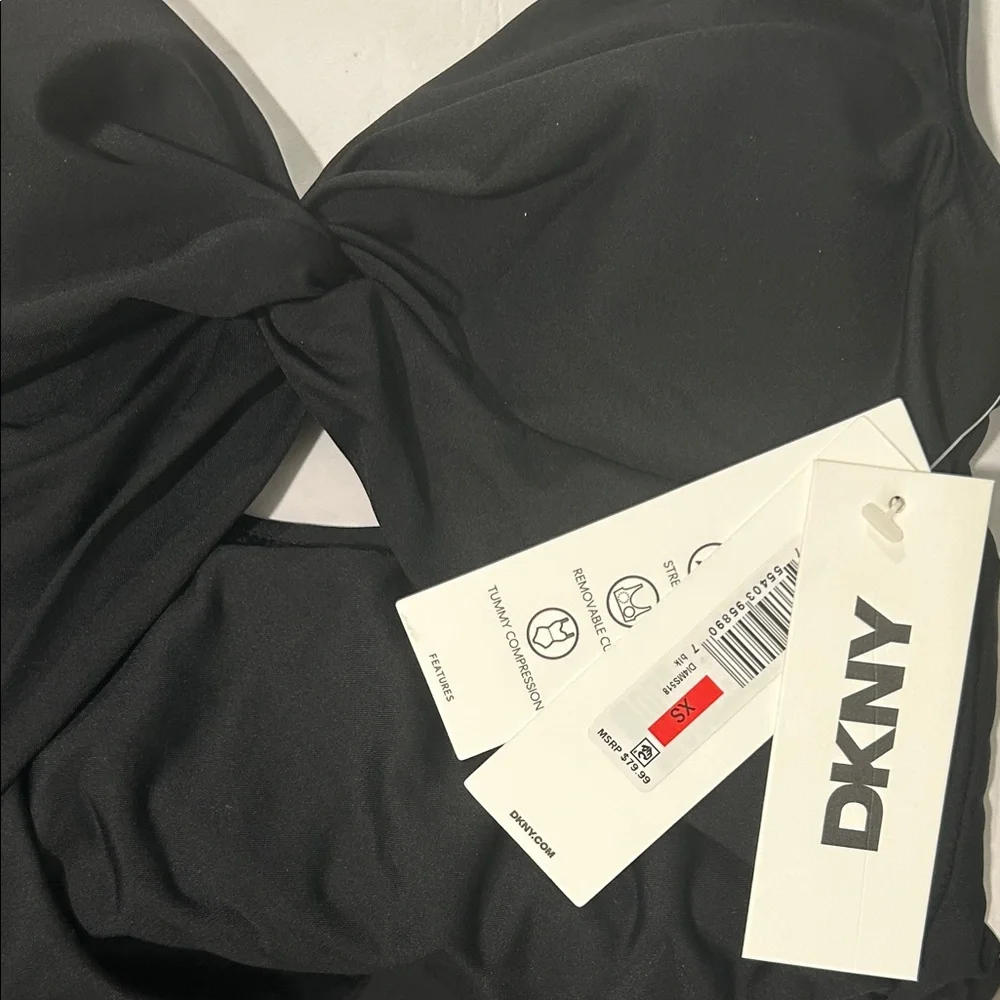 NWT DKNY Black Deep V-Neck Shirred Keyhole Detail One-Piece Swimsuit. - Picture 12 of 12
